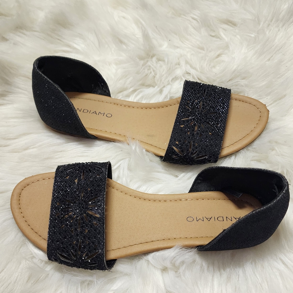 Elegant Black and Tan Open-Toe Sandals with Sparkly Strap